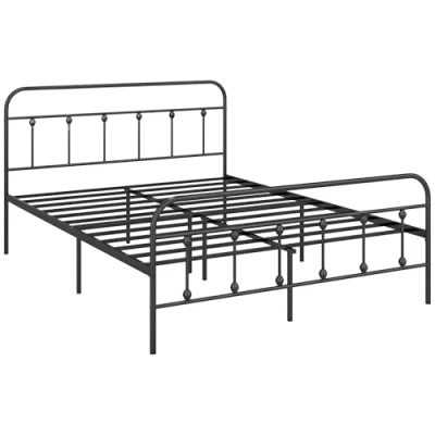 Image of HOMCOM 5ft King Bed frame with Underbed Storage, Metal Platform Tall Headboard, Footboard and Steel Slat Support, No Box Spring Needed, Easy Assembly, Black