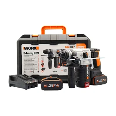 Image of Worx WX380 Akku Bohrhammer Bürstenloses 20V Werkzeug Zum Bohren, Hammerbohren &amp; Meißeln Mit 2 x 4,0 Ah Akkus, Ladegerät Koffer