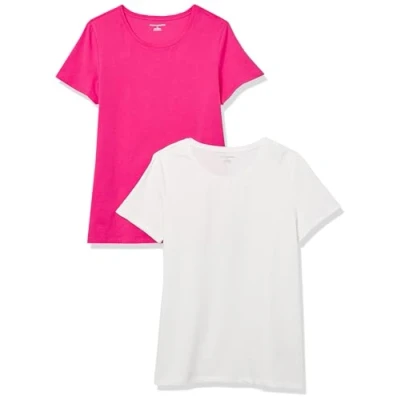 Image of Amazon Essentials Women&#039;s Classic Fit Short Sleeve Crewneck T Shirt, Pack of 2, Bright Pink/White, S