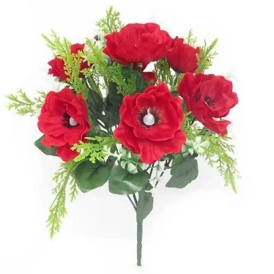 Image of Florist Supplies uk Artificial Silk Anemone &amp; Foliage Flower Bush Red x 34cm