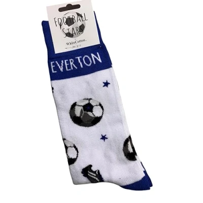 Image of WHITE COTTON CARDS Everton FC Football Club Fan Blues Toffees Novelty Socks. Size UK Adults 8 12