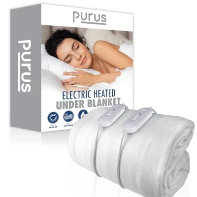Image of Purus Electric Blanket King Size 203 x 152cm, Soft Polyester Fitted Underblanket Mattress Cover, 3x Heat Settings, 2x Controllers and Machine Washable Heated