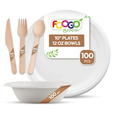 Image of FOOGO Green 500pcs Disposable Sugarcane Fibre Paper Plates, Bowls and Wooden Cutlery Set, FSC® Certified, 100x Large Round Bowls, Forks, Knives, Spoons, Eco Friendly