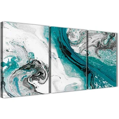 Image of 3 Piece Teal and Grey Swirl Living Room Canvas Pictures Accessories Abstract 3468 126cm Set of Prints Wallfillers