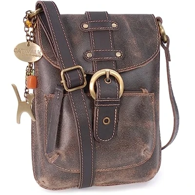 Image of Catwalk Collection Handbags Ladies Small Cross Body Bag Messenger Distressed Leather Adjustable Shoulder Strap JOLENE Brown