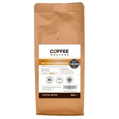 Image of Coffee Masters Brazil Yellow Bourbon Beans 200g Single Origin 100% Arabica Beans, Heavy Bodied Creamy Espresso Brazilian for Machines Great Taste Award Winner 2024