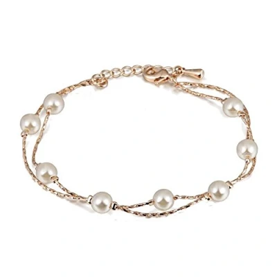 Image of Crystalline Azuria Women Girls 18ct Rose Gold Plated Simulated White Pearls Multi Strand Pearl Bracelet 8 inches