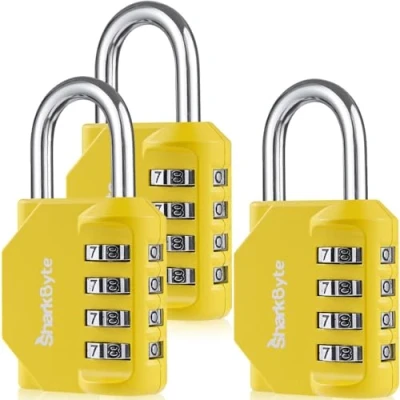 Image of SharkByte Combination Padlock, 4 Dial Heavy Duty Lock, Weatherproof Outdoor Lock Padlock for Gym, School, Locker, Shed, Storage, Garage, Fence, Hasp, Toolbox (3 Pack) Yellow