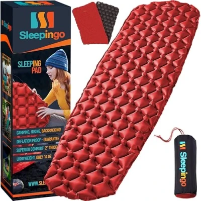 Image of Sleepingo Camping Sleeping Mat Inflatable Mattress, Lightweight Pad, Ultralight for Camping, Backpacking, Hiking, Compact Air Camp Bed Adults Red