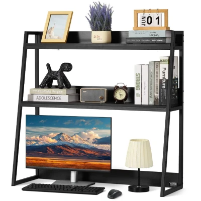 Image of VEVOR Desktop Bookshelf, 2 Tier Storage Organizer, 37.4" x 12.6" 35.4" Office Desk Rack Display Shelf, Bookshelf Hutch with Anti Slip Feet Pads, for Office, Home &amp; Dorm Black
