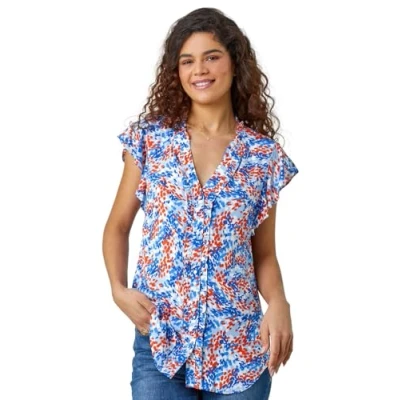 Image of Roman Originals Sleeveless Shirt for Women UK Ladies Blouse Top Button Through Summer Smart Casual Work Cocktail Party Office Holiday Special Occassion Evening Going Out Blue White Orange Size 12