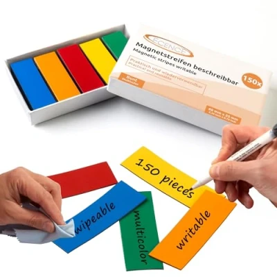 Image of ECENCE Dry Erase Magnetic Labels 150pcs Reusable Name Tags 2.36inchx0.79inch Writable Sticker Notes for Whiteboard Refrigerator Locker Colourful