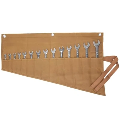 Image of Wrench Roll, 16OZ Waxed canvas Rolling Up Tool Bag 14 pockets Metric &amp; SAE Set Storage Roll Khaki 70x45cm