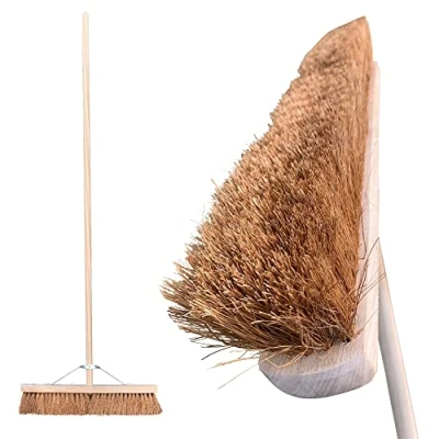 Image of 24 Wide Broom Indoor or Outdoor, Heavy Duty with Natural Coco Bristles and 120cm Long Handle, Large Soft for Industrial Use, Wooden Warehouse Garage