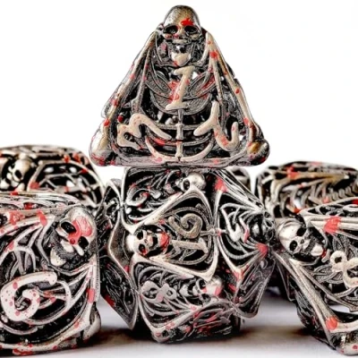 Image of Hollow Metal Bloodstained DND Dice Set 7 Role Playing D&amp;D Ancient Nickle, 3D Skull Feature