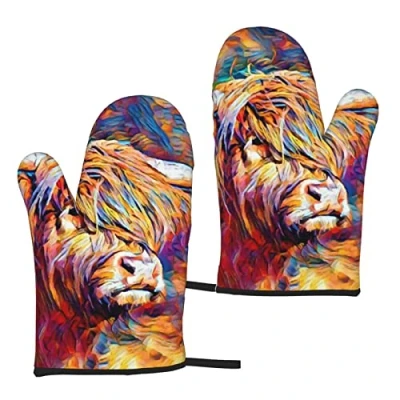 Image of Heat Resistant Oven Gloves Sets Of 2 Highland Cow Printed Kitchen Non Slip Microwave Mitts 1 Pair For Baking Cooking Bbq
