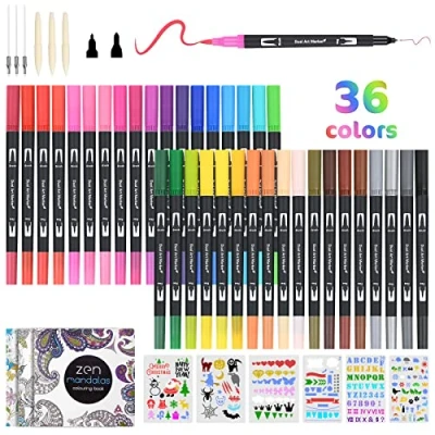 Image of Vicloon Dual Tip Brush Pens, 36 Colors Fineliners Colouring Pens with 6 Replacement Refills, Felt Coloured Fineliner for Adult Books, Drawing, Sketching, DIY Craft