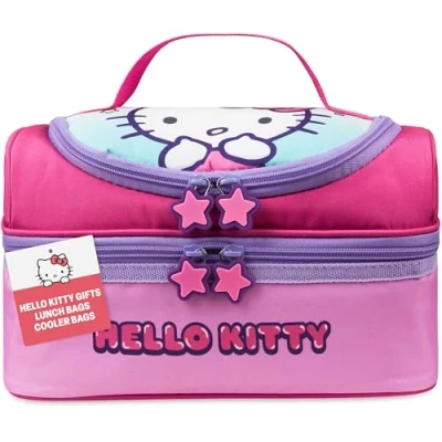Image of Get Trend Hello Kitty Lunch Bag for Kids Kawaii Insulated Box Compartments Anime Double Decker Snacks Food Carrier School Picnic Cooler (Pink Kitty)