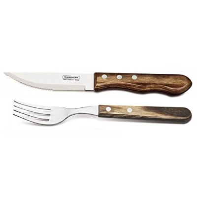 Image of Tramontina Churrasco Jumbo Steak Knife and Fork with Wooden Handles