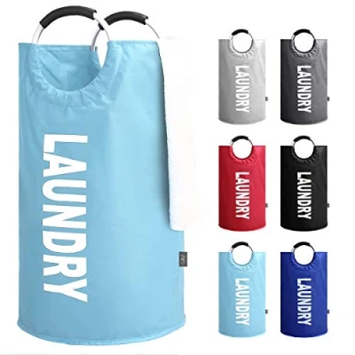 Image of KAV Oxford Fabric Collapsible and Foldable Laundry Basket, Bag or Hamper 82L Portable Linen Washing Bin with Rubber grip Aluminium Handles Perfect for Bedrooms, Bathrooms, Playrooms (Light Blue)