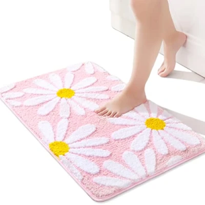 Image of QJHOMO Pink Bath Mat White Flower Rug 40 x 60 cm, Non Slip Mats for Bathroom, Soft Microfiber Bathroom Mat, Machine Washable Durable Bathmat, Super Absorbent Floor Shower