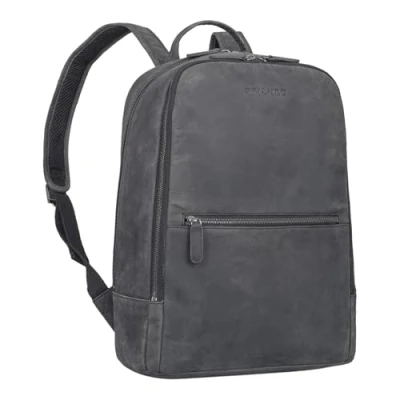 Image of STILORD &#039;Kellis&#039; Backpack Laptop Leather Large Vintage Daypack für 15 inch Notebook DIN A4 Documents for School Business Rucksack in Genuine Leather, Colour:Carbon Grey