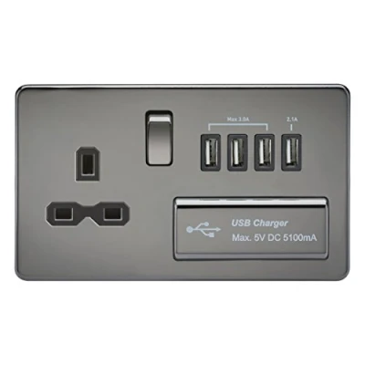 Image of KnightsBridge 13A 2G Screwless Black Nickel 1G Switched Socket with Quad 5V USB Charger Ports Insert