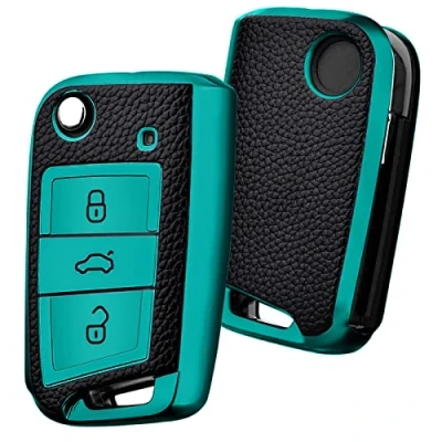 Image of OATSBASF Car Key Cover for VW Golf 7 Box/Key Case VW, Polo, Skoda, Seat, 3 Buttons Q Green Leather