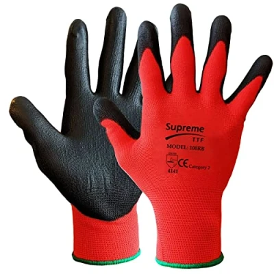 Image of SupremeTTF 24 Pairs PU Coated Red Black Nylon Work Gloves. Gardening Gloves, Builders Mechanic Strong Grip (Medium)