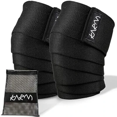 Image of KARM Knee Straps for Weightlifting Wraps Squats Gym Support Heavy Weight Lifting, Powerlifting, Squatting, Women &amp; Men (Black 198 cm / 78 inches, Carry Bag)