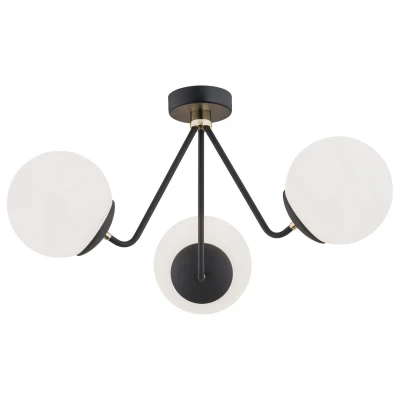 Image of Tomar Globe Ceiling 3 Light Opal Matt, Black Structure, Brass Elements