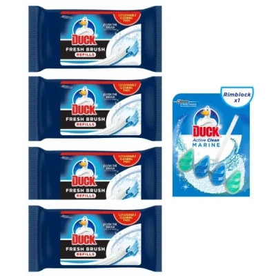 Image of 4 Packs of Duck Fresh Brush Refill (4 X 12 Flushable Cleaning Pads) with Active Clean Rim Block