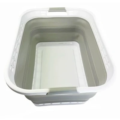 Image of SAMMART 42L Collapsible Plastic Laundry Hamper/Basket Foldable Storage Container/Organizer Portable Basket Easy Space Saving (White/Light Grey)