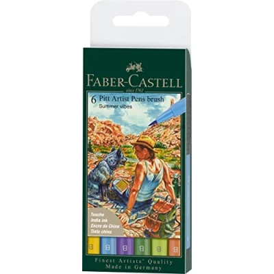 Image of Faber Castell Art &amp; Graphic Pitt Artist Pen Brush India Ink Pen, Summer Vibe, Wallet Of 6, For Art, Craft, Drawing, Sketching, Home, School, University, Colouring