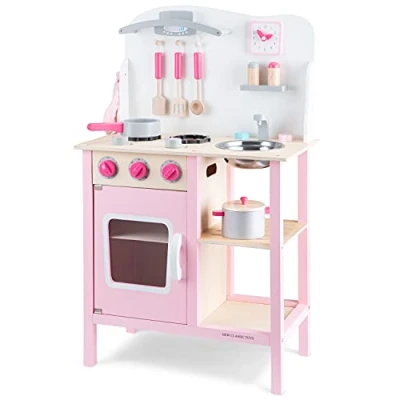 Image of New Classic Toys 11054 Wooden Pretend Toy Kitchen for Kids Role Play Included Accessoires Pink