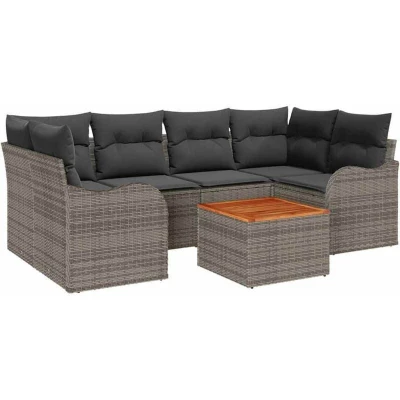 Image of vidaXL 7 Piece Garden Sofa Set with Cushions Grey Poly Rattan Acacia