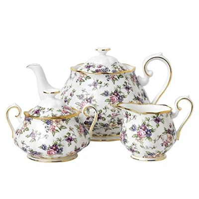 Image of Royal Albert 100 Years 1940 English Chintz Teapot, Sugar, Cream, 3 Piece Set, White, Bone China