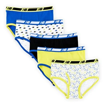 Image of New Balance Boy&#039;s Briefs, Cotton Underwear 5 Pack, Hi Lite/Sports Ball/Logo BG/Team Royal/Black, Large