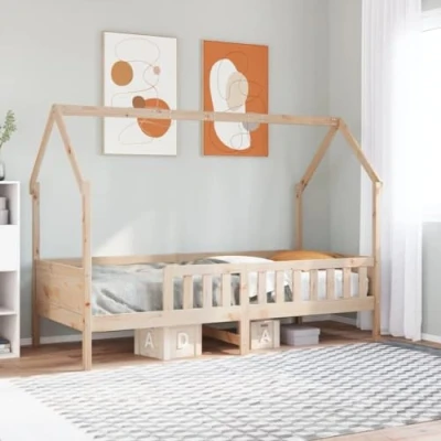 Image of vidaXL Kids&#039; House Bed Frame Children&#039;s Pine Solid Wood Frame, 90x200cm with Safety Rails Unfinished Brown Modern Design