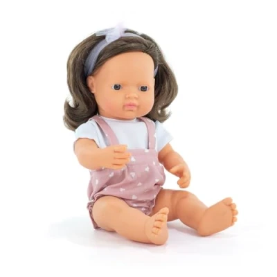 Image of Miniland Baby Doll Brunette Girl 38cm. Made in Spain with vanilla scent. Anatomically correct. My Friends &amp; Me collection