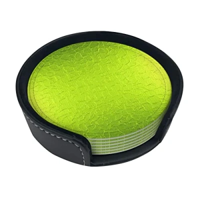 Image of Round Coasters, Lime Green Modern Abstract Background,Mugs Pad Cups Mat Set of 6 Leather Drinks Coasters with Holder