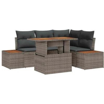 Image of vidaXL 5 Piece Garden Dining Set with Cushions Grey Poly Rattan Acacia