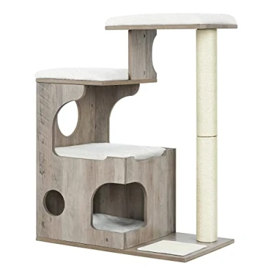 Image of Feandrea WoodyWonders Cat Tree, 86 cm Modern Tower with Cave, 3 Perches, Scratching Post and Mat, Removable Washable Plush Cushions, Greige White PCT070G01