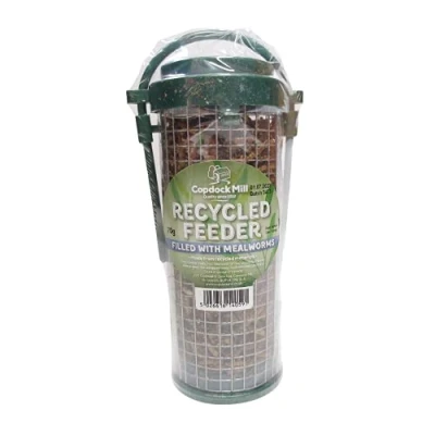Image of Copdock Mill Recycled Bird Feeder Filled With Food Mealworms, 115g, for Wild Birds, Made from Materials, Outdoor Strong Plastic Hanger, Sliding Lid Easy Refill