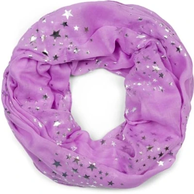 Image of styleBREAKER Women&#039;s Loop Scarf with Glittering Metallic Stars All Over Print Pattern, Lightweight Solid Color Infinity Scarf, Cloth 01016118, Colour:Lilac