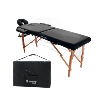 Image of QUIRUMED Folding Easy Wooden Massage Table, Black Color, 194 x 70 cm, Physiotherapy Massage, Leatherette, Articulated Head, Adjustable Height, 2 Bodies, Up to 150 kg