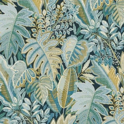 Image of Grandeco Tribal Leaf Foliage Textured Wallpaper, Aqua Blue &amp; Green