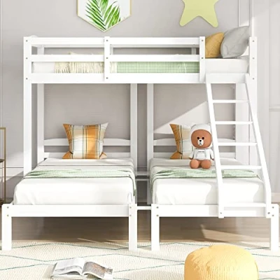Image of BTM Triple Bunk Bed, Single Beds, 3FT Sleeper Wooden Bed (White, Single*3)