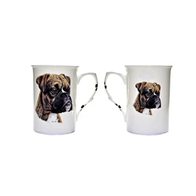 Image of (BB10) Hand Decorated Set of 2 Bone China BEAKERS/Mugs Boxer Brindle Dog Presentation Gift Boxed Lovely Kirsty Jayne