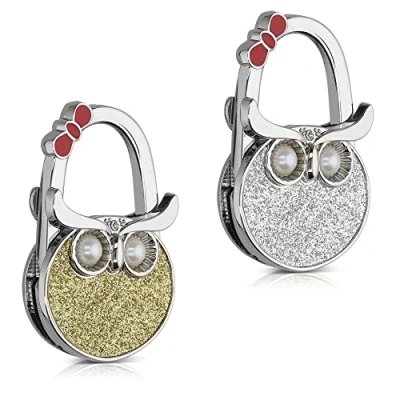 Image of kwmobile Purse Hooks for Table Set of 2 Portable Handbag Hook Foldable Bag Holder Hangers Tables with Design Owl Red/Gold/Silver